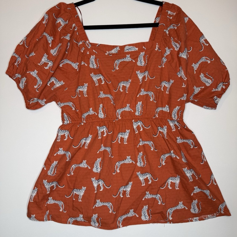 Michelle McDowell Women's Top Orange Leopards Large Puff Sleeve Square Neck